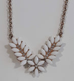 Vintage White Plastic Flower Clear Sparkling Rhinestone Gold Tone 21" Long Necklace