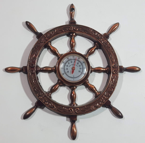 Vintage Captain's Ships Wheel 6 1/4" Diameter Copper Toned Metal Thermometer