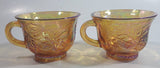 Set of 2 Vintage Indiana Carnival Glass Harvest Leaf Pattern Orange Amber Iridescent Rainbow Punch Bowl Cup