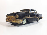 Rare Vintage 1950s Mitsuhashi Buick Sedan Black with Gold Chrome Trim Pullback Motorized Friction Tin Litho Toy Car Vehicle - 5220