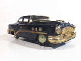 Rare Vintage 1950s Mitsuhashi Buick Sedan Black with Gold Chrome Trim Pullback Motorized Friction Tin Litho Toy Car Vehicle - 5220