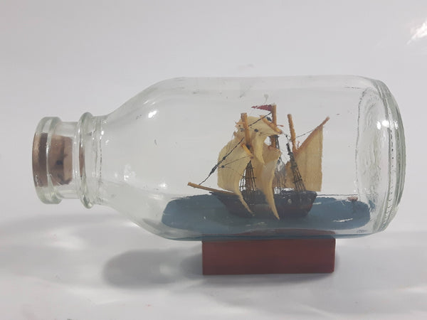 Vintage Highly Detailed Miniature Tall Ship in Cork Top 4 1/4" Long Glass Bottle