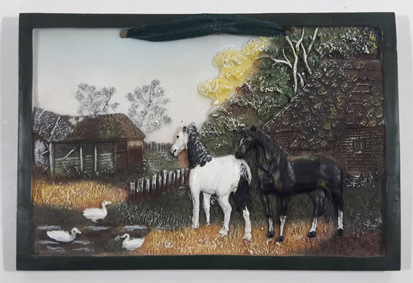 Sabre Black and White Horses Farm Scene Heavy Resin Plaque Wall Hanging 4" x 6"