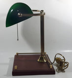 Rare Style Vintage Green Glass and Brass Wood Based Banker's Lamp