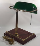 Rare Style Vintage Green Glass and Brass Wood Based Banker's Lamp