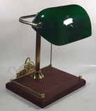 Rare Style Vintage Green Glass and Brass Wood Based Banker's Lamp
