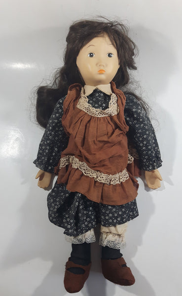 Vintage Hard Rubber School Girl Style Blue Flower Dress Brown Apron Doll 18" Tall