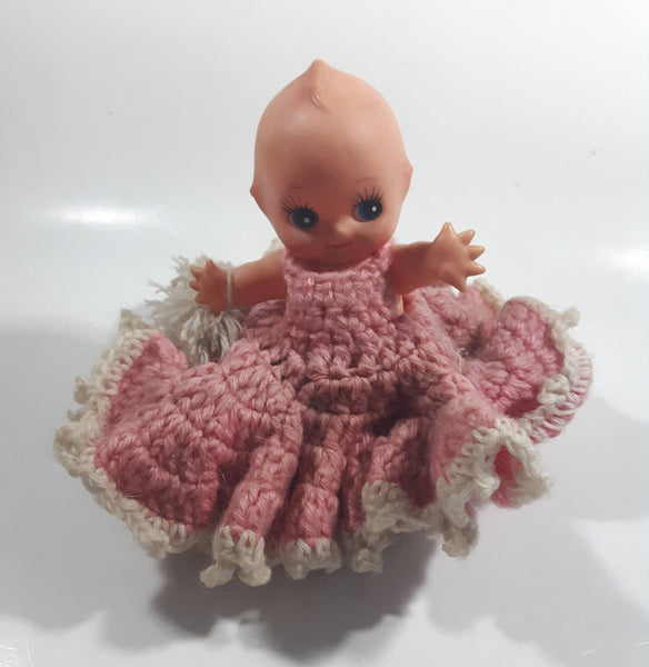 Vintage Kewpie Cupie Baby in Pink and white Knitted Dress Plastic 6 1/2" Tall Doll Made in Korea