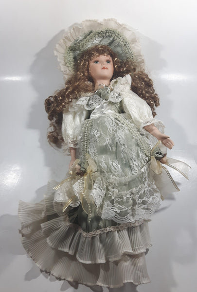 Vintage Victorian Style Light Green and White Dress 19" Tall Porcelain Doll