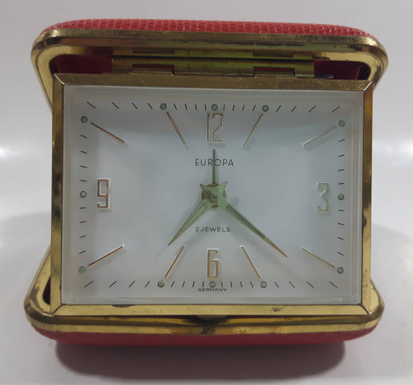 Vintage Europa Germany 2 Jewels Red Cased Travel Pocket Wind-Up Alarm Clock - Working