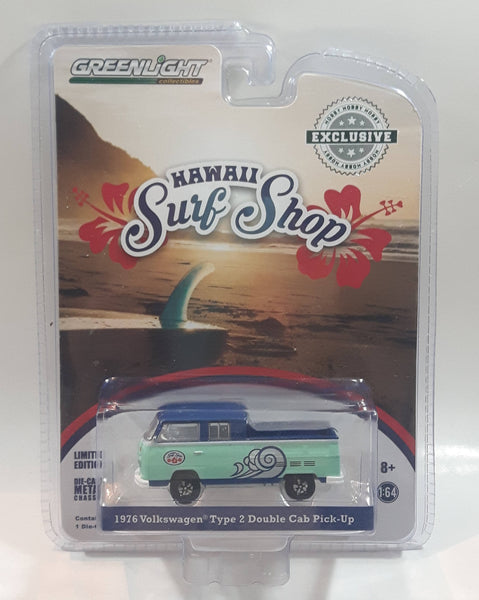 2017 Greenlight Collectibles Hobby Exclusive Limited Edition Hawaii Surf Shop 1976 Volkswagen Type 2 Double Cab Pick-Up Truck Light Teal Green and Dark Blue 1/64 Scale Die Cast Toy Car Vehicle New in Package