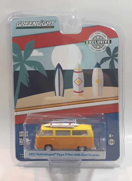 2017 Greenlight Collectibles Hobby Exclusive Limited Edition 1971 Volkswagen Type 2 Van with Surf Boards Orange and Yellow 1/64 Scale Die Cast Toy Car Vehicle New in Package
