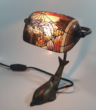 Beautiful Tiffany Style Dolphin Themed Stained Glass and Brass Dolphin Base Banker's Table Lamp Light 9 1/2" Tall