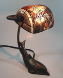 Beautiful Tiffany Style Dolphin Themed Stained Glass and Brass Dolphin Base Banker's Table Lamp Light 9 1/2" Tall