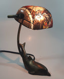 Beautiful Tiffany Style Dolphin Themed Stained Glass and Brass Dolphin Base Banker's Table Lamp Light 9 1/2" Tall