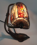 Beautiful Tiffany Style Dolphin Themed Stained Glass and Brass Dolphin Base Banker's Table Lamp Light 9 1/2" Tall