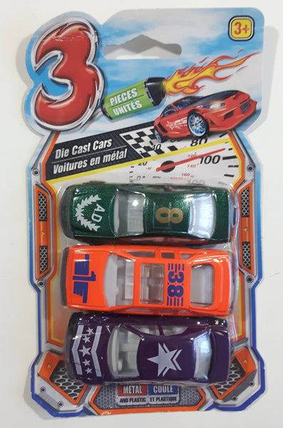 Greenbrier International DTSC Imports Package of 3 Die Cast Toy Race Car Vehicles Green, Orange, Purple