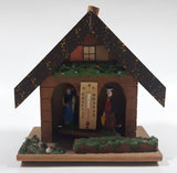 Vintage Western Germany Christmas Themed Black Forest Bavarian House Homestead Shaped Wooden and Plastic Thermometer with Man and Woman 5" Tall