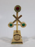 My's Railroad Crossing 4 1/2" Tall Gold Tone Metal Miniature Quartz Clock - Needs A Battery