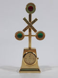 My's Railroad Crossing 4 1/2" Tall Gold Tone Metal Miniature Quartz Clock - Needs A Battery