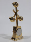 My's Railroad Crossing 4 1/2" Tall Gold Tone Metal Miniature Quartz Clock - Needs A Battery
