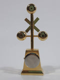 My's Railroad Crossing 4 1/2" Tall Gold Tone Metal Miniature Quartz Clock - Needs A Battery