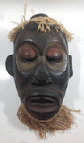 African Style or Indonesian Style Hand Carved Wood Wall Mask With Woven Rope Hair and Beard