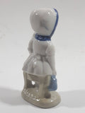 Vintage Blue and White Delft Style Girl Holding Puppy Porcelain Figure 3 3/4" Tall