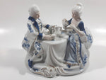 Vintage French Colonial Man and Woman Sitting At A Table Drinking Tea Blue and White Porcelain Victorian Style Decorative Ornament