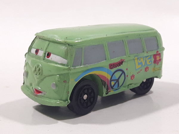 Disney Pixar Cars VW Bus Fillmore Volkswagen Groovy Love Flower Power Van Green Mini PVC Hard Rubber Toy Car Vehicle