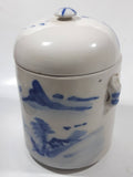 Antique Chinese Blue and White Domed Tea Caddy Ginger Jar Canister with Handles 6 1/2" Tall Ceramic Pottery