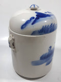 Antique Chinese Blue and White Domed Tea Caddy Ginger Jar Canister with Handles 6 1/2" Tall Ceramic Pottery