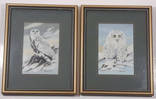 Vintage Cashs Woven Pictures Snowy Owl and Snowy Owl (Owlet) Woven Find Silk 3" x 4 1/4" Framed Wildlife Artwork