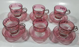 Vintage Pink and Clear Glass White Flowers Metal Handle Espresso Cup and Saucer Plate Set of 6 - One Handle Missing