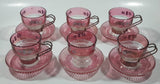 Vintage Pink and Clear Glass White Flowers Metal Handle Espresso Cup and Saucer Plate Set of 6 - One Handle Missing