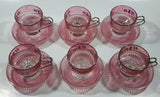 Vintage Pink and Clear Glass White Flowers Metal Handle Espresso Cup and Saucer Plate Set of 6 - One Handle Missing