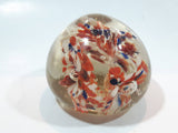 Orange White and Blue Lily Style Flowers Round Clear Art Glass Paperweight 2" Tall