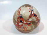 Orange White and Blue Lily Style Flowers Round Clear Art Glass Paperweight 2" Tall