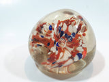 Orange White and Blue Lily Style Flowers Round Clear Art Glass Paperweight 2" Tall