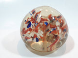 Orange White and Blue Lily Style Flowers Round Clear Art Glass Paperweight 2" Tall