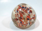 Orange White and Blue Lily Style Flowers Round Clear Art Glass Paperweight 2" Tall