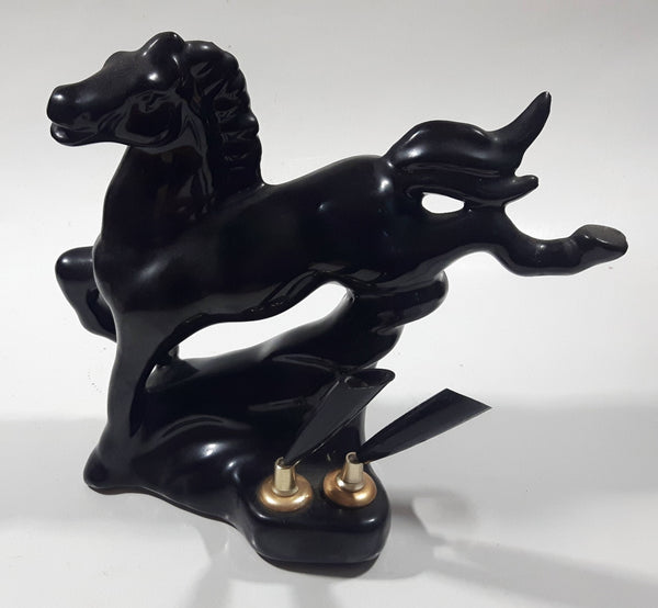 Vintage 1970s Black Horse Kicking Leg Black Ceramic Animal Sculpture Pen Holder