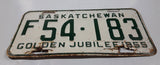 Vintage 1955 Saskatchewan Golden Jubilee Green Lettering White Vehicle License Plate Metal Tags F 54-183