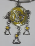 Wire Wrapped Clear and Yellow Art Glass Dangling Yellow Bead Triple Triangles 15" Long