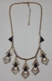 Vintage Art Deco Black Enamel Chevron Rhinestone Gold Tone Metal Necklace 16" Long