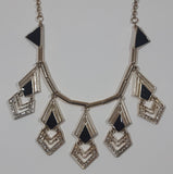 Vintage Art Deco Black Enamel Chevron Rhinestone Gold Tone Metal Necklace 16" Long