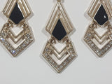 Vintage Art Deco Black Enamel Chevron Rhinestone Gold Tone Metal Necklace 16" Long