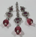 Vintage Pink and Clear Rhinestone Pin Back Earrings and Pendant Set