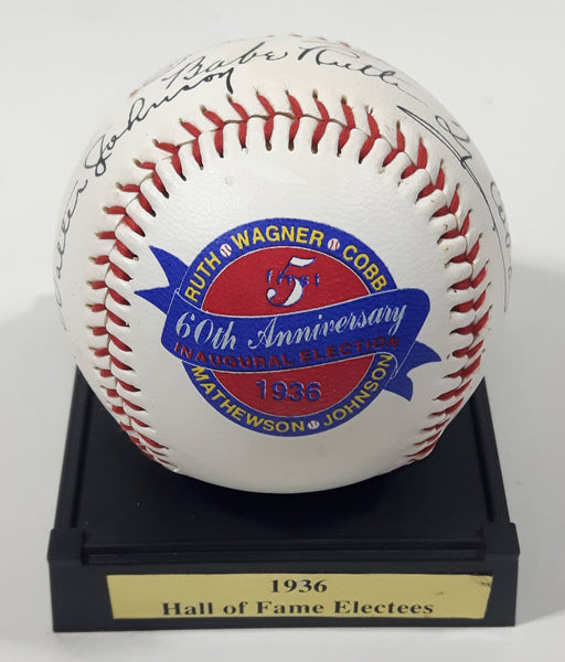1996 American Legends 1936 First Hall of Fame Electees 60th Anniversary Inaugural Baseball Ball on Stand Ruth, Wagner, Cobb, Mathewson, Johnson