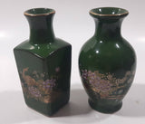 Vintage Asahi Japan Peacock and Flower Themed Green Miniature 3 3/4" Bud Vases Set of 2